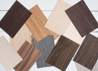 Samples of veneer wood on  white background. interior design select material for idea. 