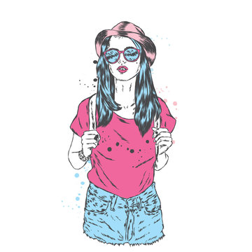 Girl in shorts and a T-shirt. The girl in a hat. Vector illustration for a card or poster. Print on clothes. Young girl on a walk. Fashion & Style.