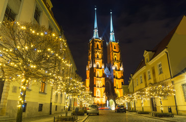 Fototapeta na wymiar Cathedral Island at night, Wroclaw, Poland