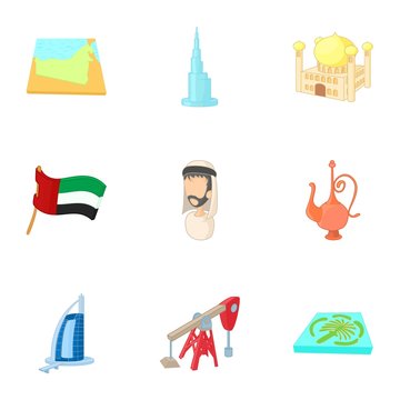 State of UAE icons set. Cartoon illustration of 9 state of UAE vector icons for web