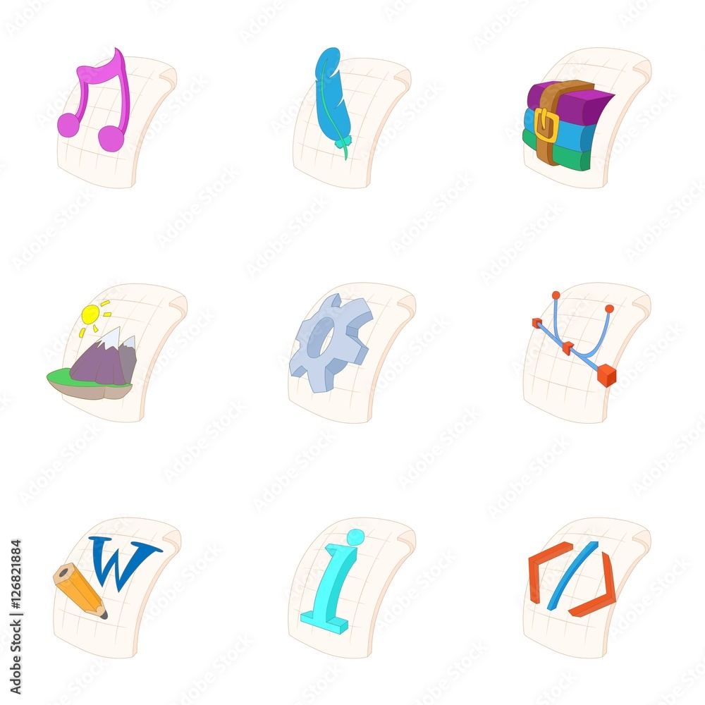 Poster types of files icons set. cartoon illustration of 9 types of files vector icons for web