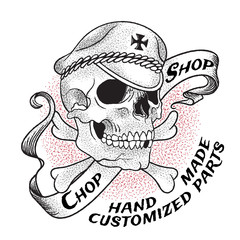 Old school biker shop emblem. Skull in a hat on a background of crossbones and ribbon. Isolated on white background.