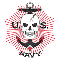 Old school US Navy design. Skull with an anchor on a background of the sun rays. Isolated on white background.