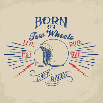 Retro cafe racer motorcycle helmet hand drawn vector. For apparel t shirt fashion design and or other.