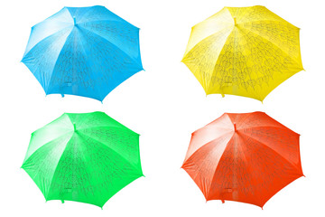 Group of colorful umbrellas for protection against sun and rain isolated on white background.