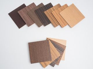 Samples of veneer wood on  white background. interior design select material for idea. 