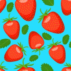 Excellent seamless pattern with with strawberry and leaves on blue background