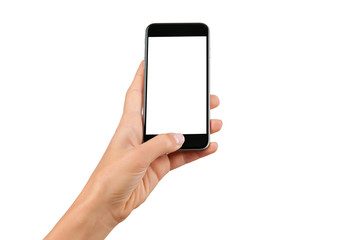 hand holding cellphone with white screen at isolated background