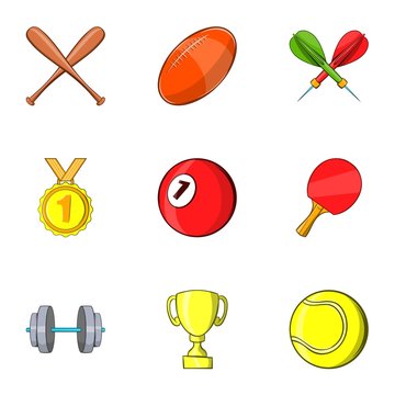 Sports accessories icons set. Cartoon illustration of 9 sports accessories vector icons for web