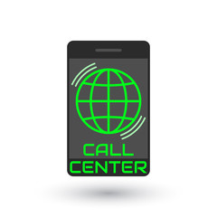Icon call center in flat style. Logo green globe inside vertical mobile phone, with the sound waves. Icon smartphone isolated on white background. Vector