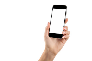 hand holding cellphone with white screen at isolated background