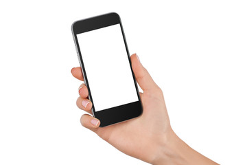 hand holding cellphone with white screen at isolated background