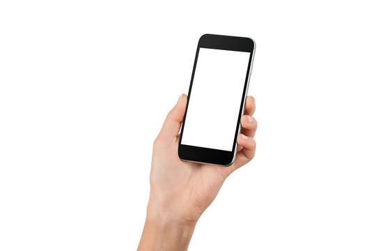 hand holding cellphone with white screen at isolated background