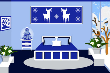 Bedroom interior in blue colors vector illustration. Bed, window, bedside table, plant, tree, painting