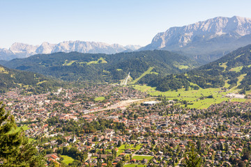 Aerial view over Garmisch in the alps of Bavaria