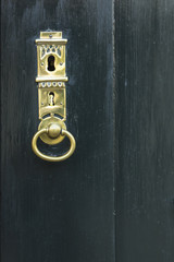 A dark green painted wooden door with a beautifully forged golden key hole