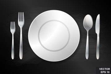 Cutlery. Spoon, fork, knife and plate. Serving. Preparing for dinner. Realistic.