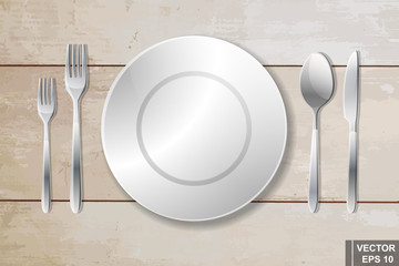 Cutlery. Spoon, fork, knife and plate. Serving. Preparing for dinner. Realistic.