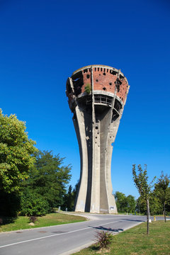Damaged water tower in Vukovar, Croatia