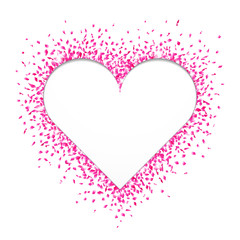 Heart shaped cutout surrounded with bright and shiny pink confetti on white background. Vector illustration.