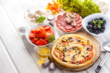 Delicious italian pizza served on wooden table