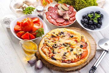 Delicious italian pizza served on wooden table