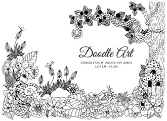 Vector illustration of floral frame Zen Tangle. Dudlart. Coloring book anti stress for adults. Black and white.