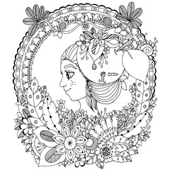 Vector illustration zentangl girl in the floral frame circle. Doodle drawing. Coloring book anti stress for adults. Black and white.