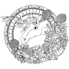 Fototapeta premium Vector illustration zentangl the horse in a round floral frame. Doodle floral drawing. A meditative exercises. Coloring book anti stress for adults. Black and white.