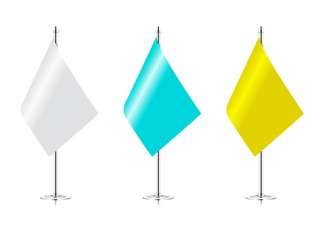 set of vector realistic table desk flags. pennant style flags. vector desk flags mockup isolated on white background. white, blue and yellow table flags