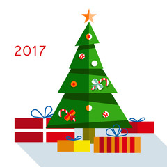 Christmas tree with gifts 2017 on  background.