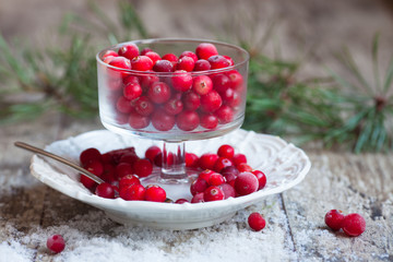 cranberries and snow on a saucer