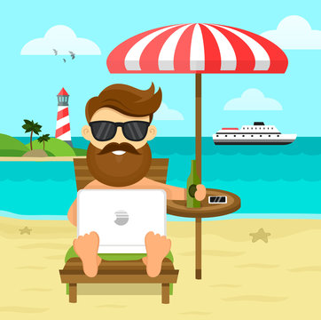 on the beach freelance Work & Rest flat vector illustration. Business Man Freelance Remote Working Place Businessman In Suit