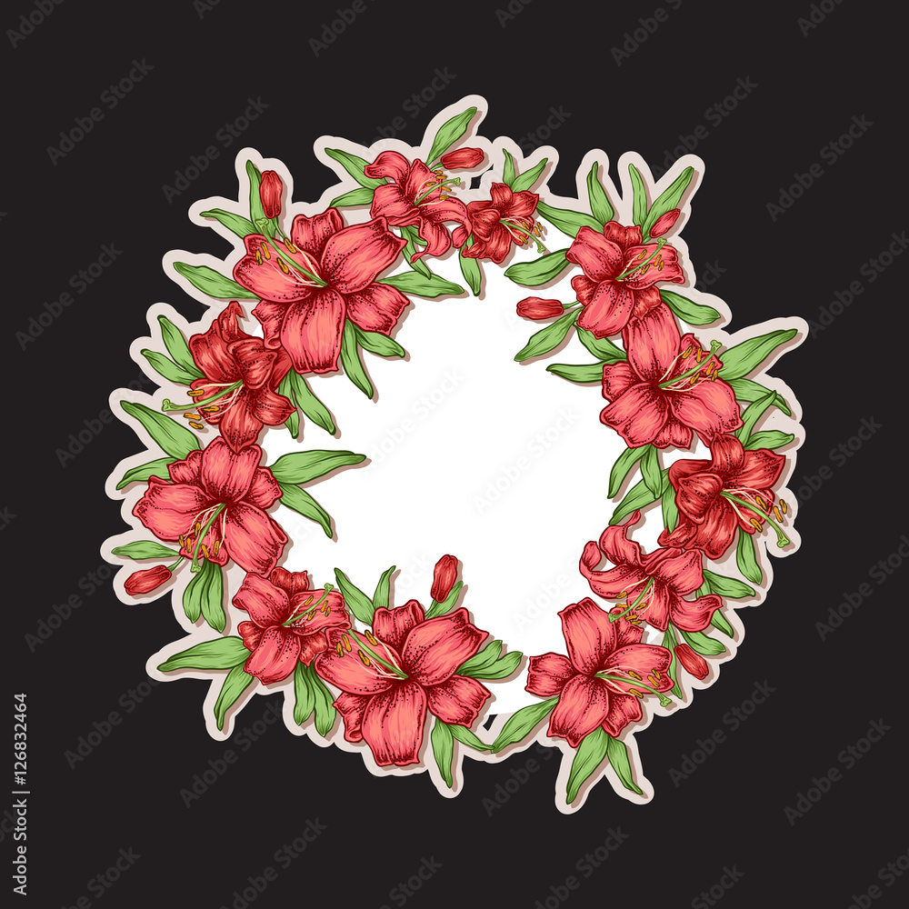 Wall mural Hand drawn wreath with lily flowers. Decorative royal lilies composition