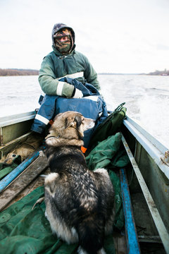 Male hunter swims on a boat with a hunting dog. Cold weather. A man dressed in a warm jacket and hat. Big gray dog Laika.