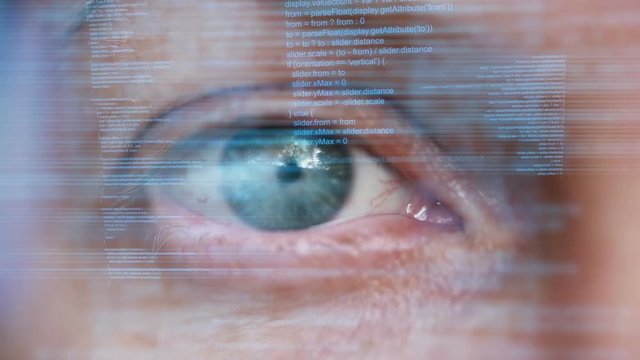 Blue female eye with computer code, modern technology development concept.