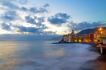 Fototapeta premium Beautiful Small Mediterranean Town at the evening time with illumination - Camogli (Genoa), Italy, European travel