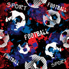 Abstract seamless pattern for boys. Football pattern. Grunge urban pattern with football ball. Sport wallpaper on black background with multicolor spots. Repeated sport pattern.