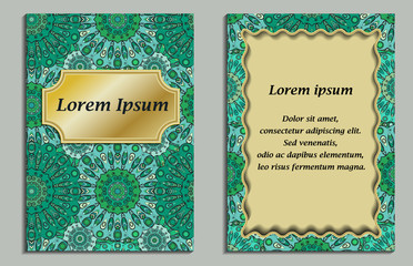 Card or invitation in oriental style with eastern floral mandalas ornament. Islam, Arabic, Indian, ottoman, chinese, japanese motifs in green colors.