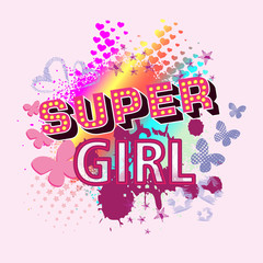 Abstract drawing for t-shirts. Background with hearts and creative design for girls. Fashion illustration drawing in modern style for clothes. Girlish print with stars, butterfly. Design for clothes