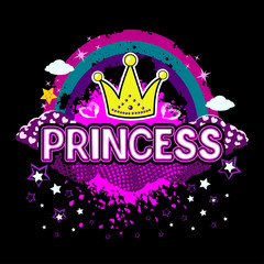 Abstract drawing for t-shirts. Background with stars and creative design for girls. Fashion illustration drawing in modern style for clothes. Girlish print with stars, hearts, crown.