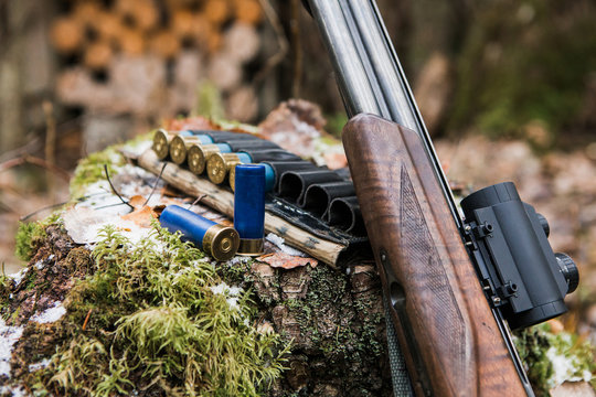 Hunting lodge in the forest. Rifle cartridges.