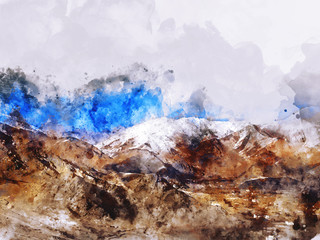 Mountains landscape, digital watercolor painting