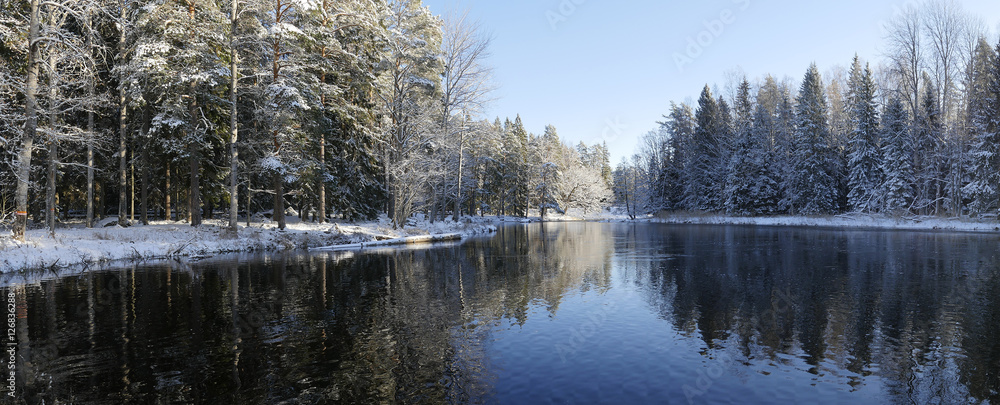 Wall mural river landscape in winter