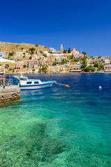 Scenic waterfront on the Greek island of Symi, Dodecanese, Greece.