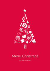 White medical icons in the shape of a Christmas tree on a red background. Vector elements for New Year