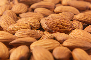 Almonds background. Pile of selected almonds close-up. For vegetarians.
