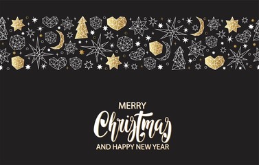 Fototapeta na wymiar Christmas and New Year gold seamless pattern on black background with stars, balls, noel, heart in geometric style.