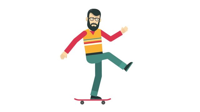 Bearded hipster riding on skateboard. Looped  animation with transparent background.