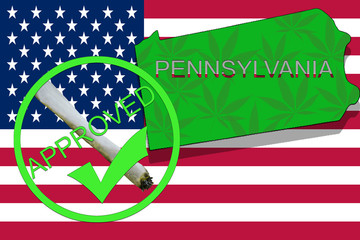 Pennsylvania State on cannabis background. Drug policy. Legalization of marijuana on USA flag,